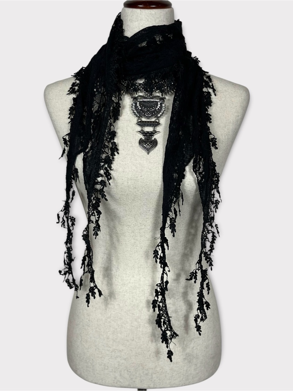 Y2K Lace Crochet Fringe Scarf Fairy Grunge Witchy Whimsigoth Black
